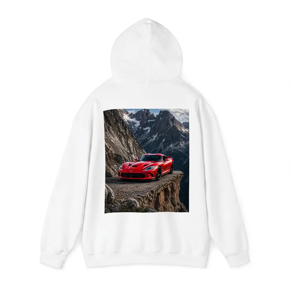 Red Dodge Viper Parked on Mountain Cliff – Hoodies