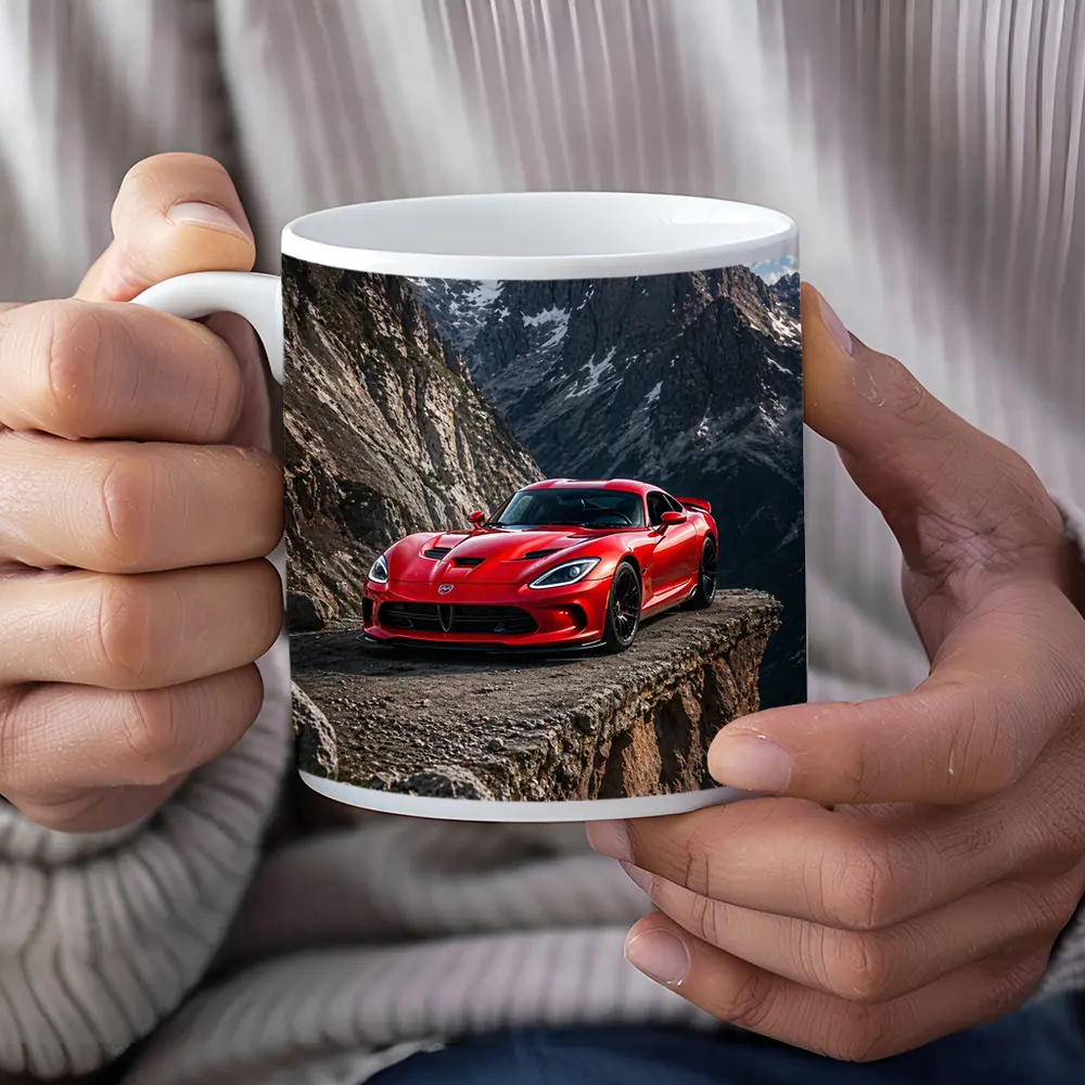Red Dodge Viper Parked on Mountain Cliff – Mugs