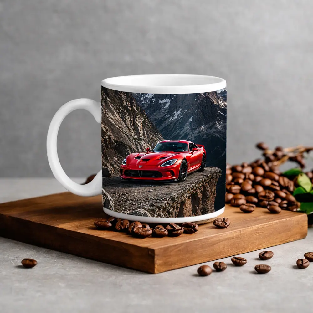 Red Dodge Viper Parked on Mountain Cliff – Mugs
