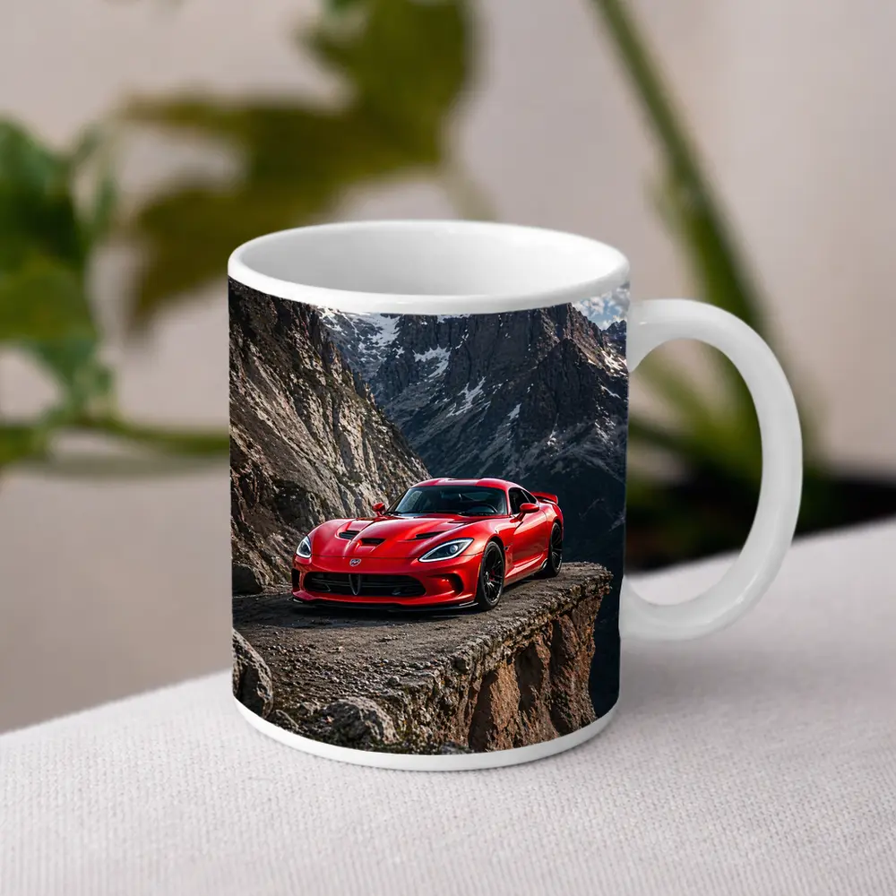 Red Dodge Viper Parked on Mountain Cliff – Mugs