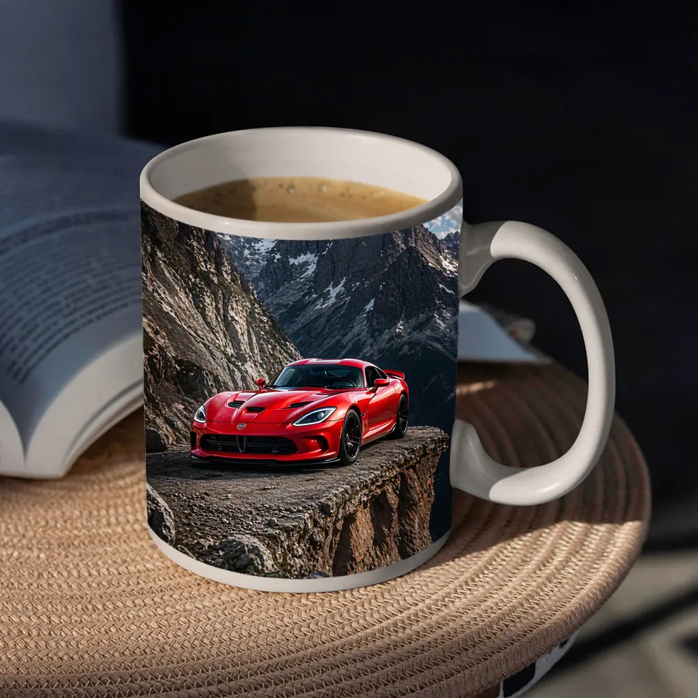 Red Dodge Viper Parked on Mountain Cliff – Mugs