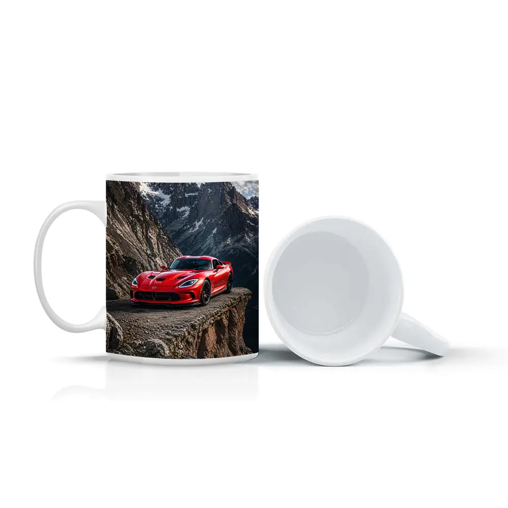 Red Dodge Viper Parked on Mountain Cliff – Mugs