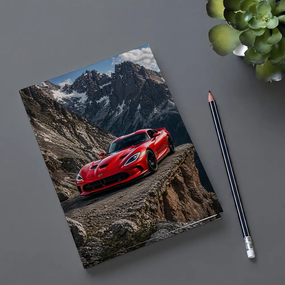 Red Dodge Viper Parked on Mountain Cliff – Notebooks