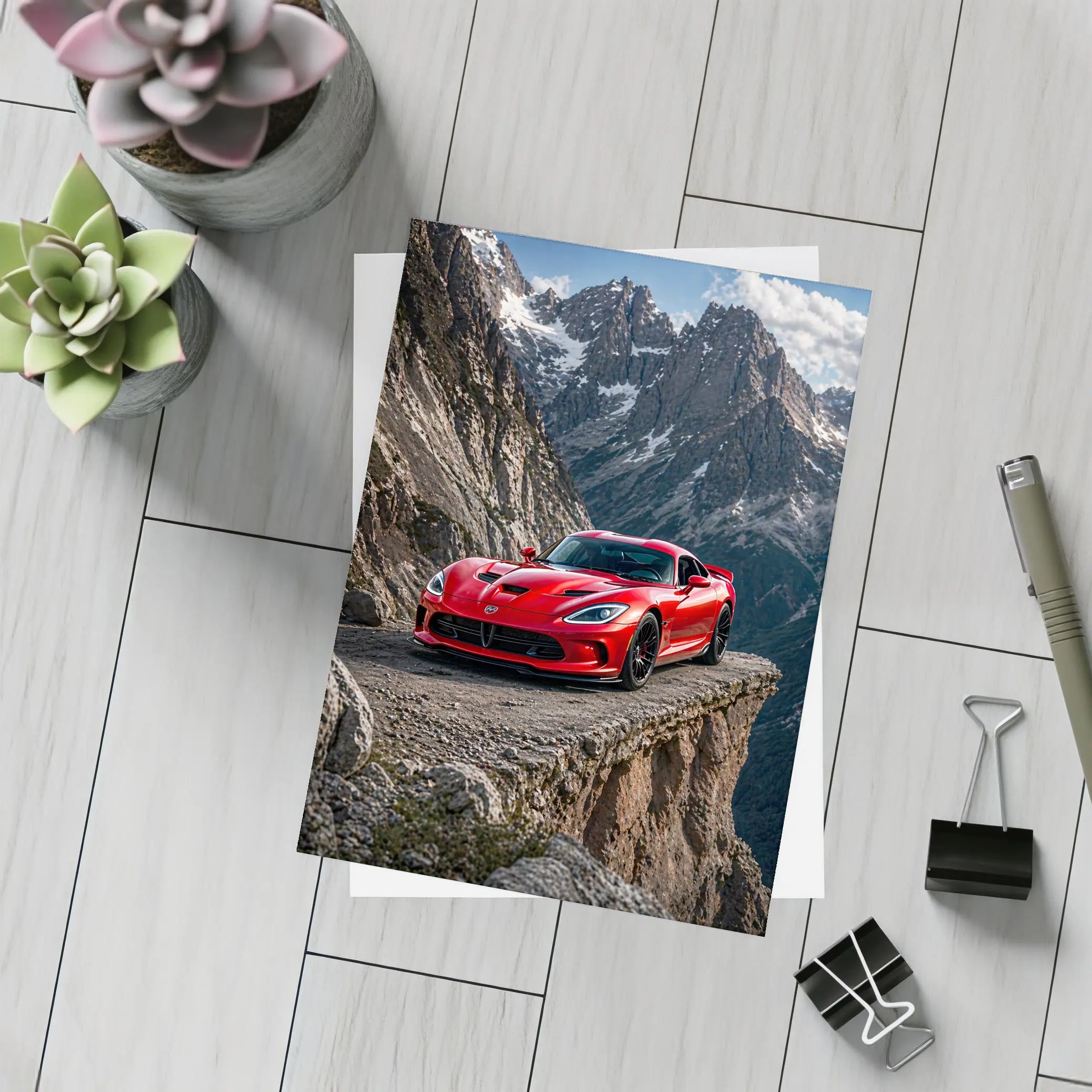 Red Dodge Viper Parked on Mountain Cliff – Postcards