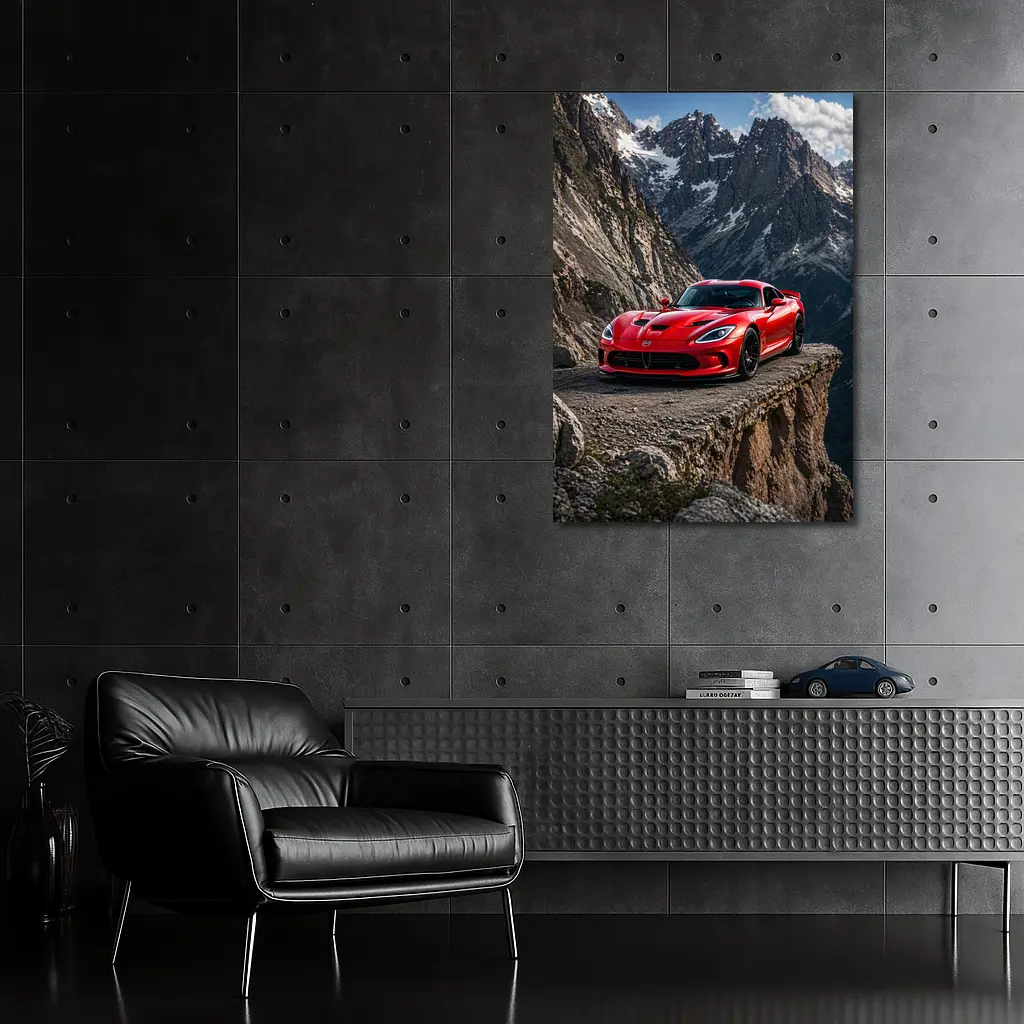 Red Dodge Viper Parked on Mountain Cliff – Wall Art