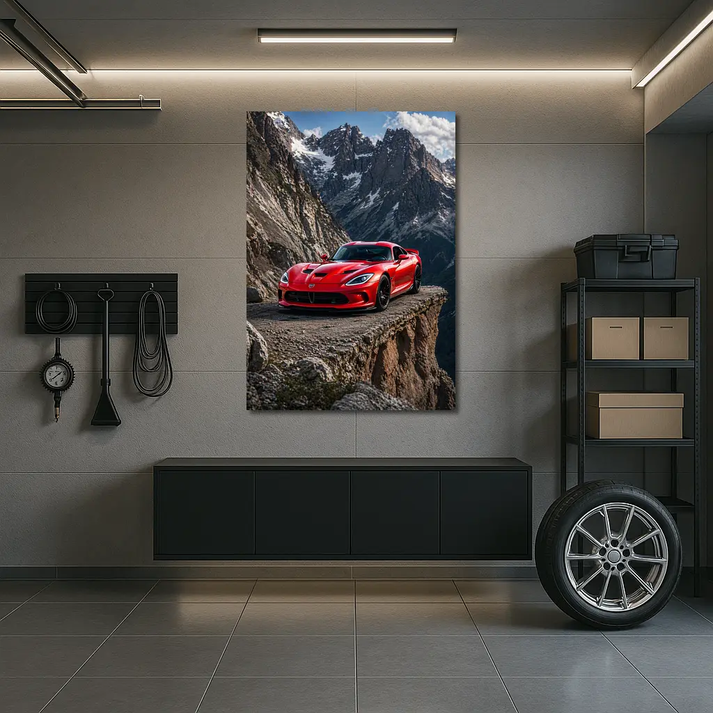 Red Dodge Viper Parked on Mountain Cliff – Wall Art