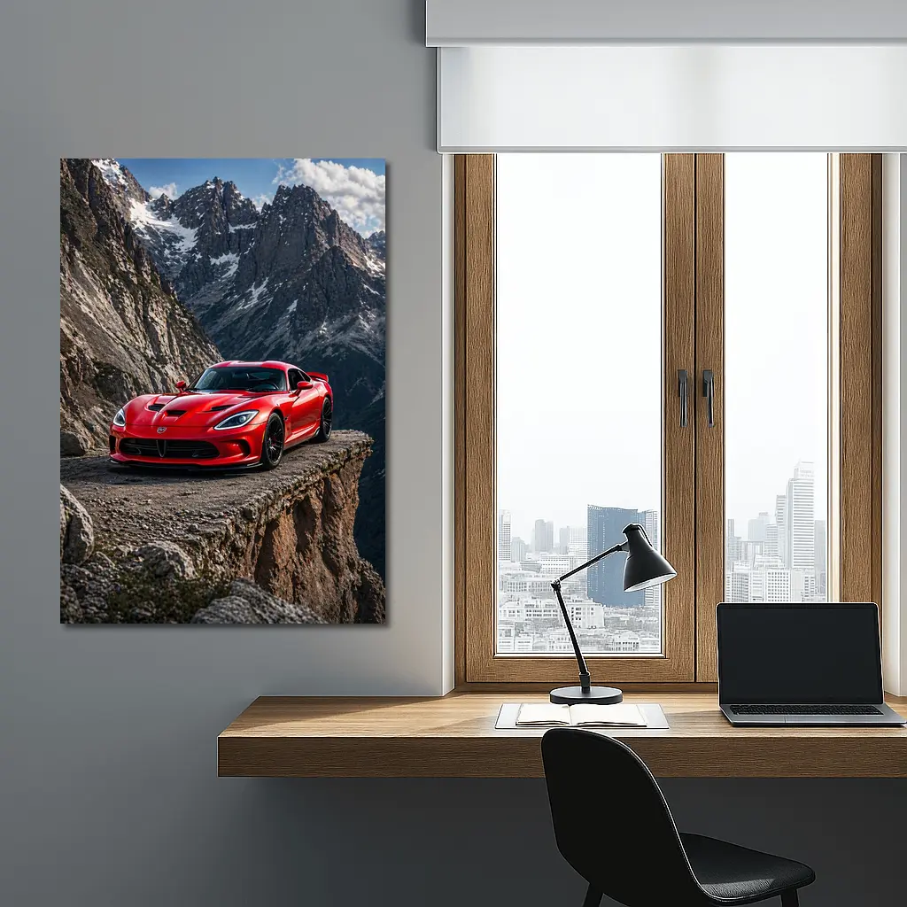 Red Dodge Viper Parked on Mountain Cliff – Wall Art