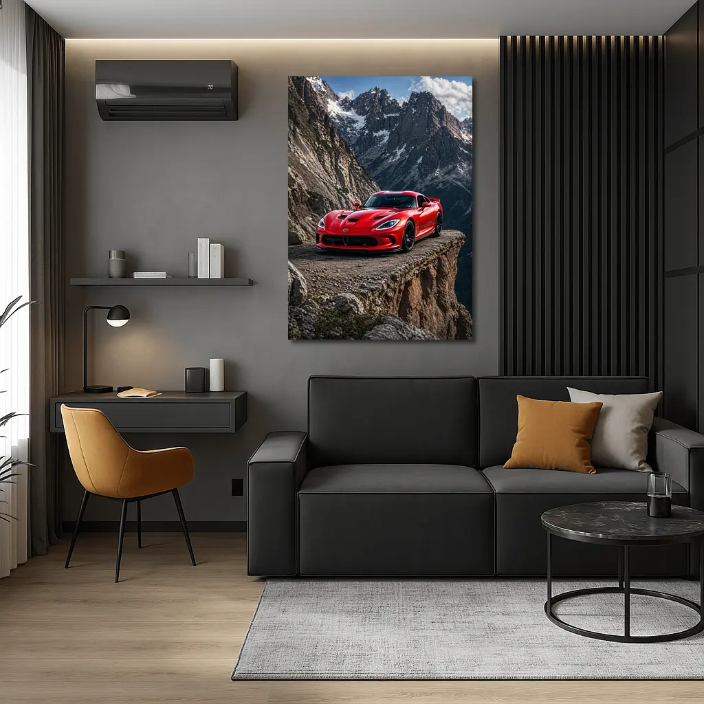 Red Dodge Viper Parked on Mountain Cliff – Wall Art