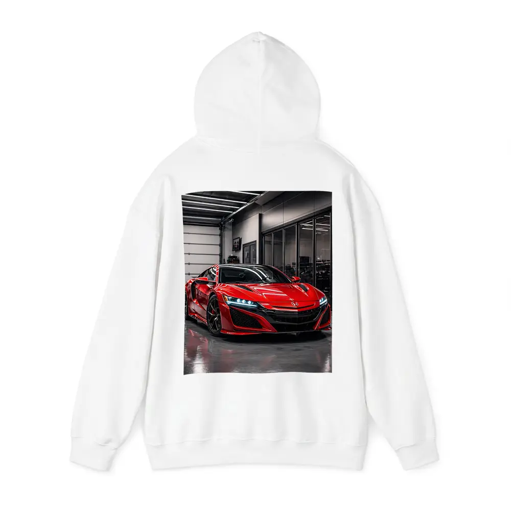 Red Honda NSX Parked in Modern Garage – Hoodies