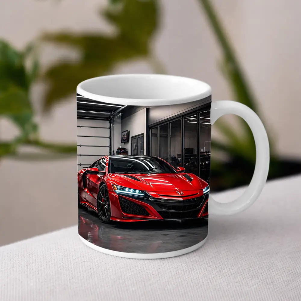 Red Honda NSX Parked in Modern Garage – Mugs