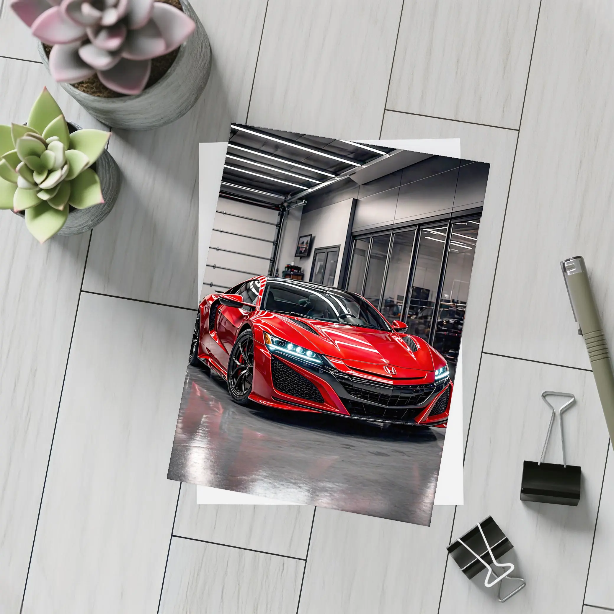 Red Honda NSX Parked in Modern Garage – Postcards