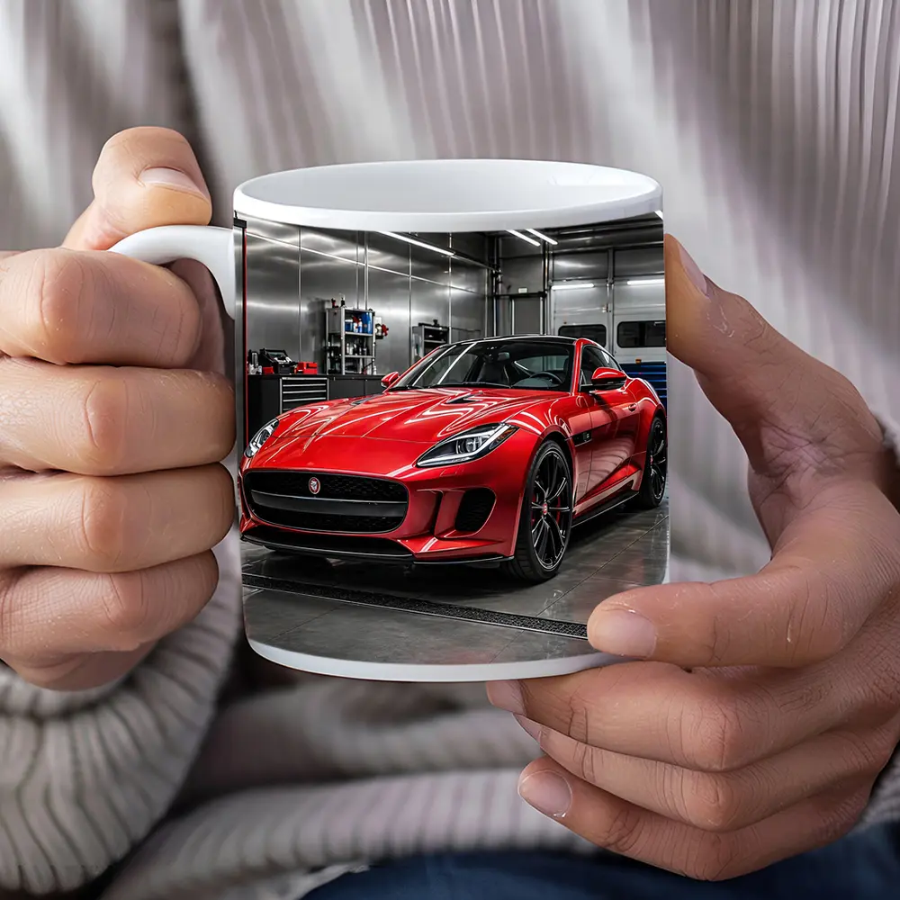 Red Jaguar F Type in Auto Garage – Mugs