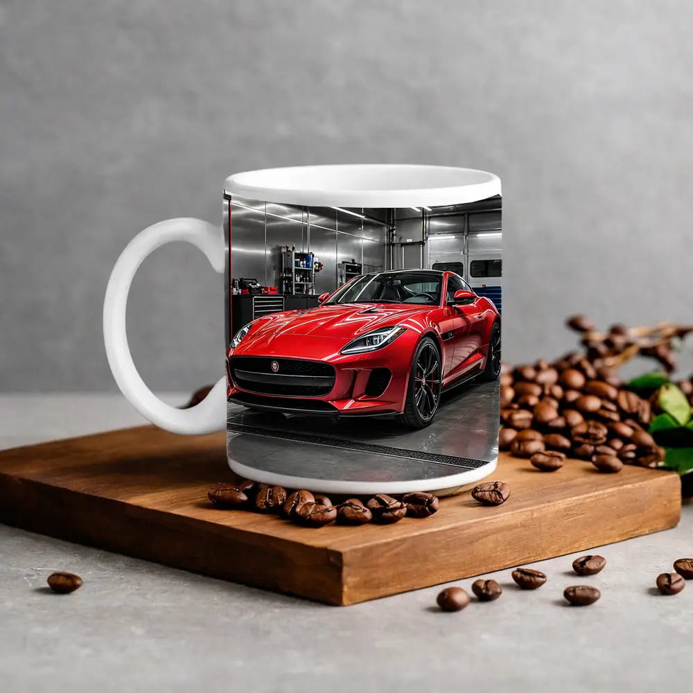 Red Jaguar F Type in Auto Garage – Mugs
