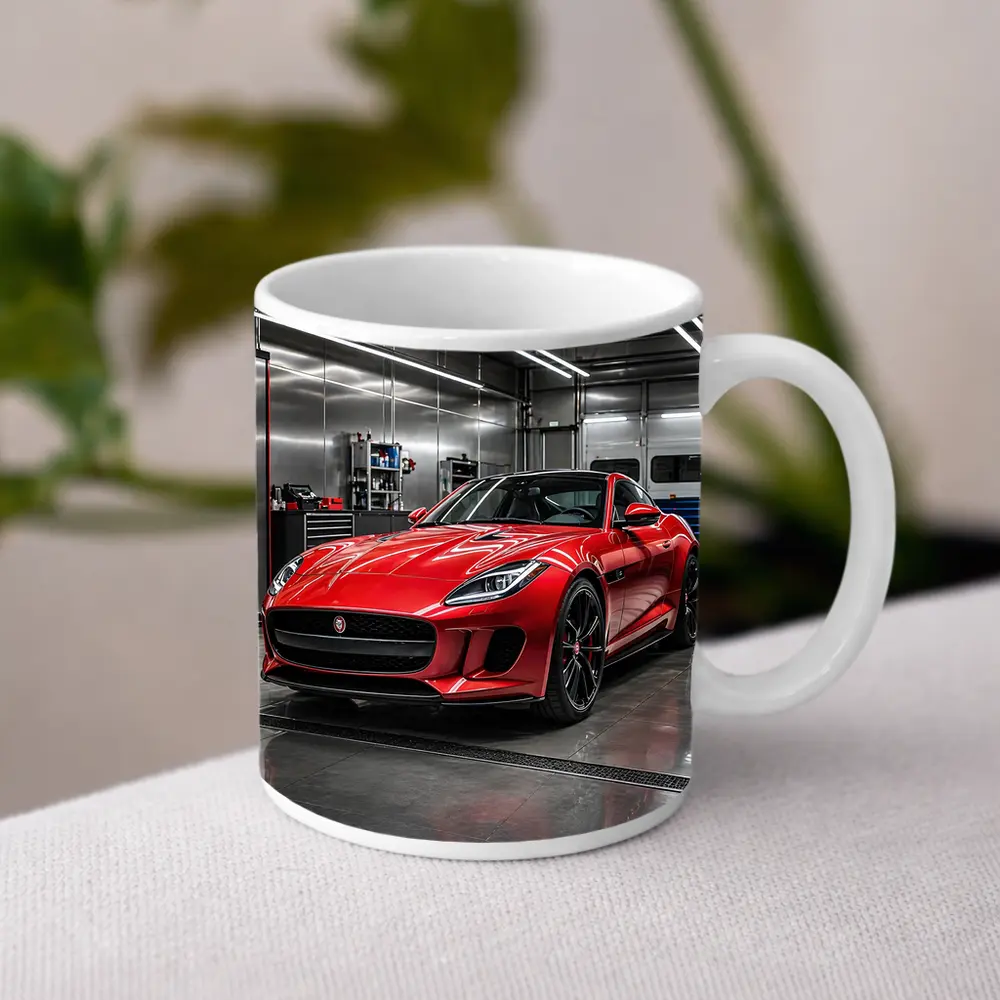 Red Jaguar F Type in Auto Garage – Mugs