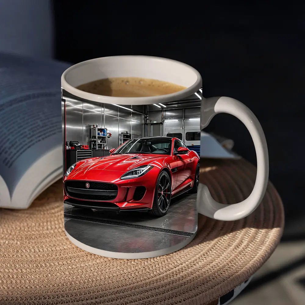 Red Jaguar F Type in Auto Garage – Mugs