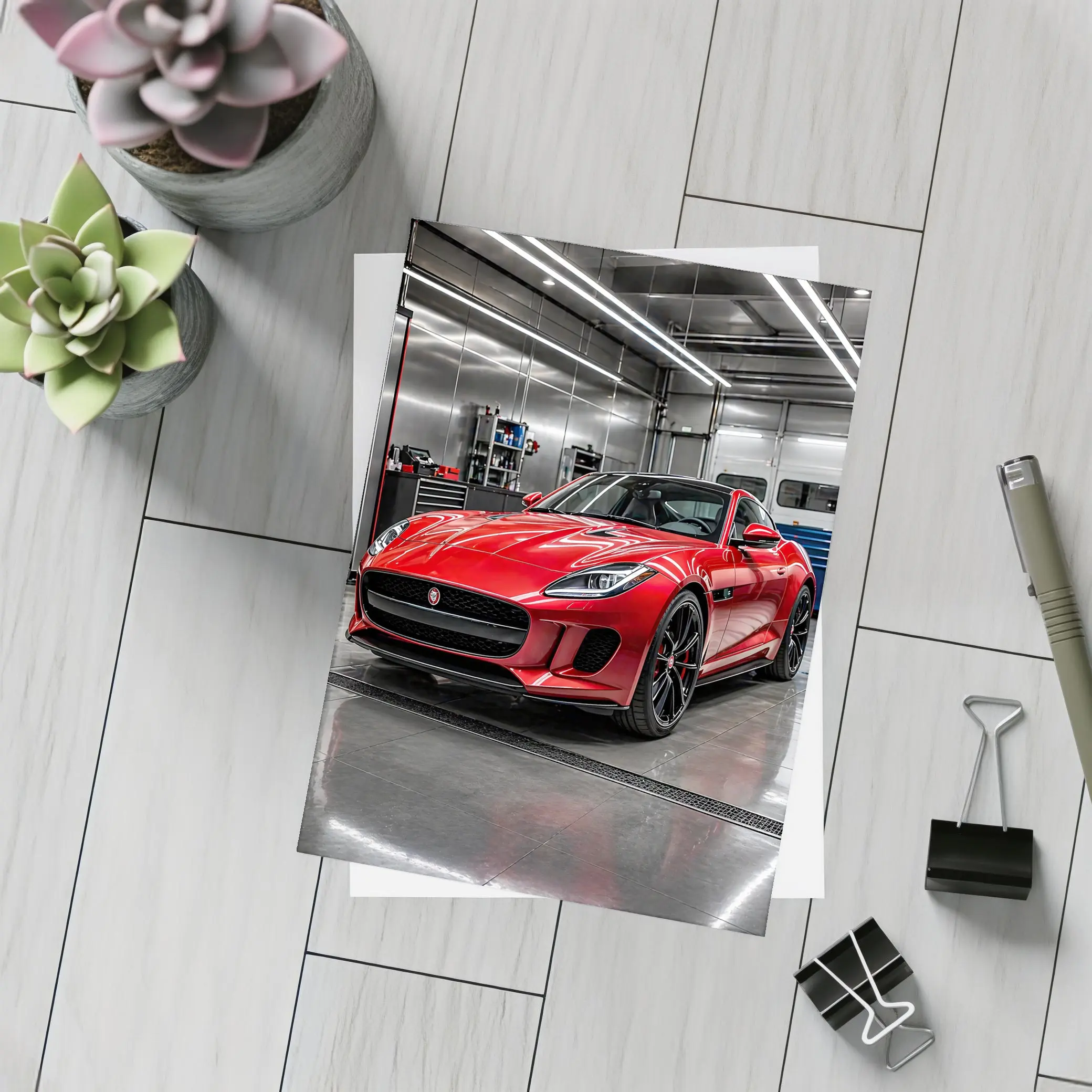 Red Jaguar F Type in Auto Garage – Postcards