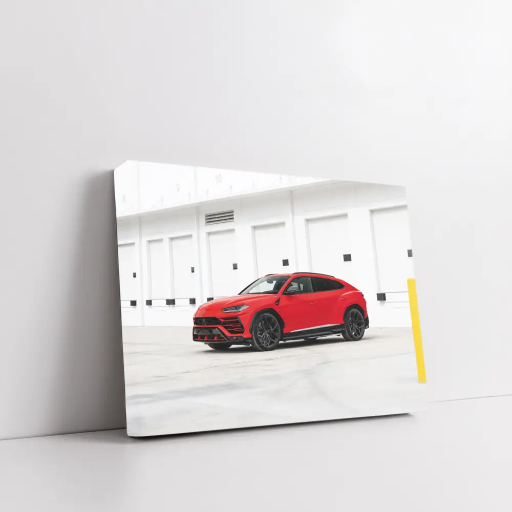 Red Lamborghini Urus Parked Outside Garage – Wall Art