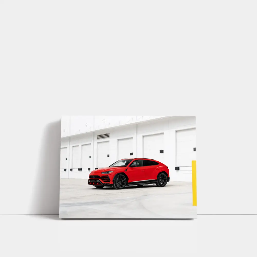 Red Lamborghini Urus Parked Outside Garage – Wall Art