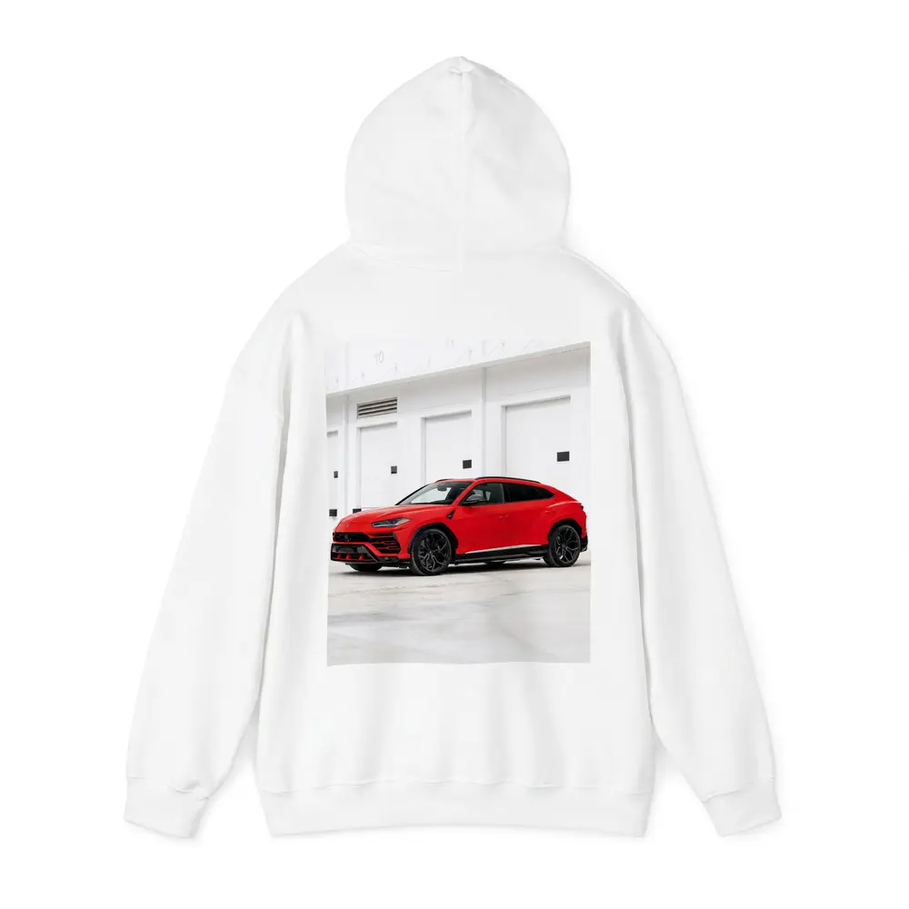 Red Lamborghini Urus Parked Outside Garage – Hoodies