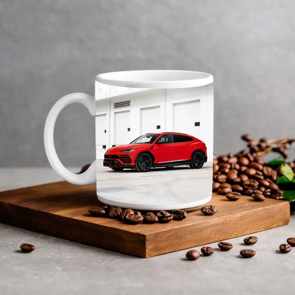 Red Lamborghini Urus Parked Outside Garage – Mugs