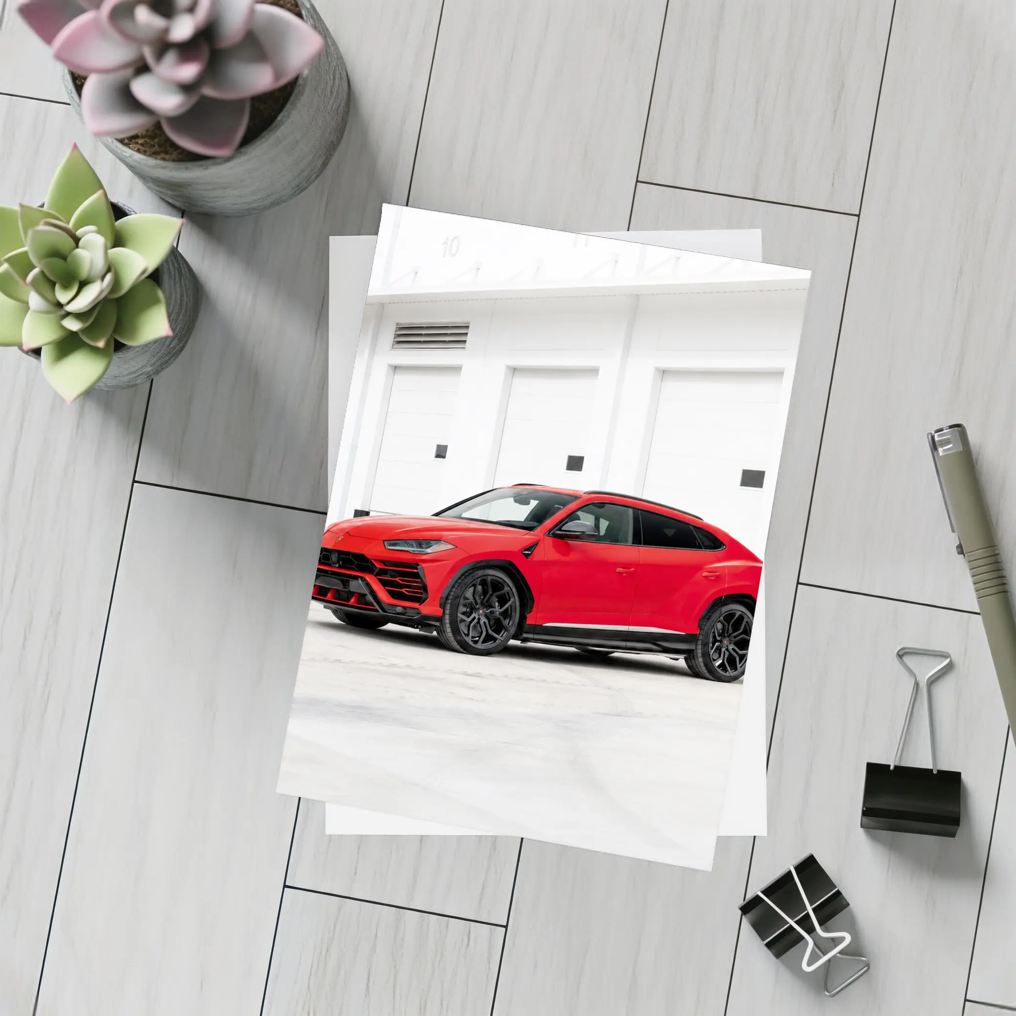 Red Lamborghini Urus Parked Outside Garage – Postcards
