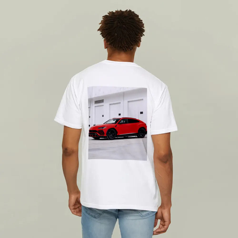 Red Lamborghini Urus Parked Outside Garage – T-Shirts