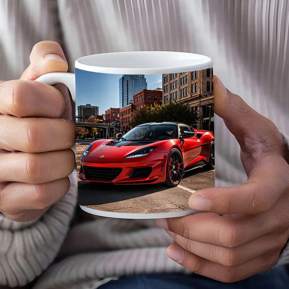 Red Lotus Evora Parked Downtown City Street – Mugs