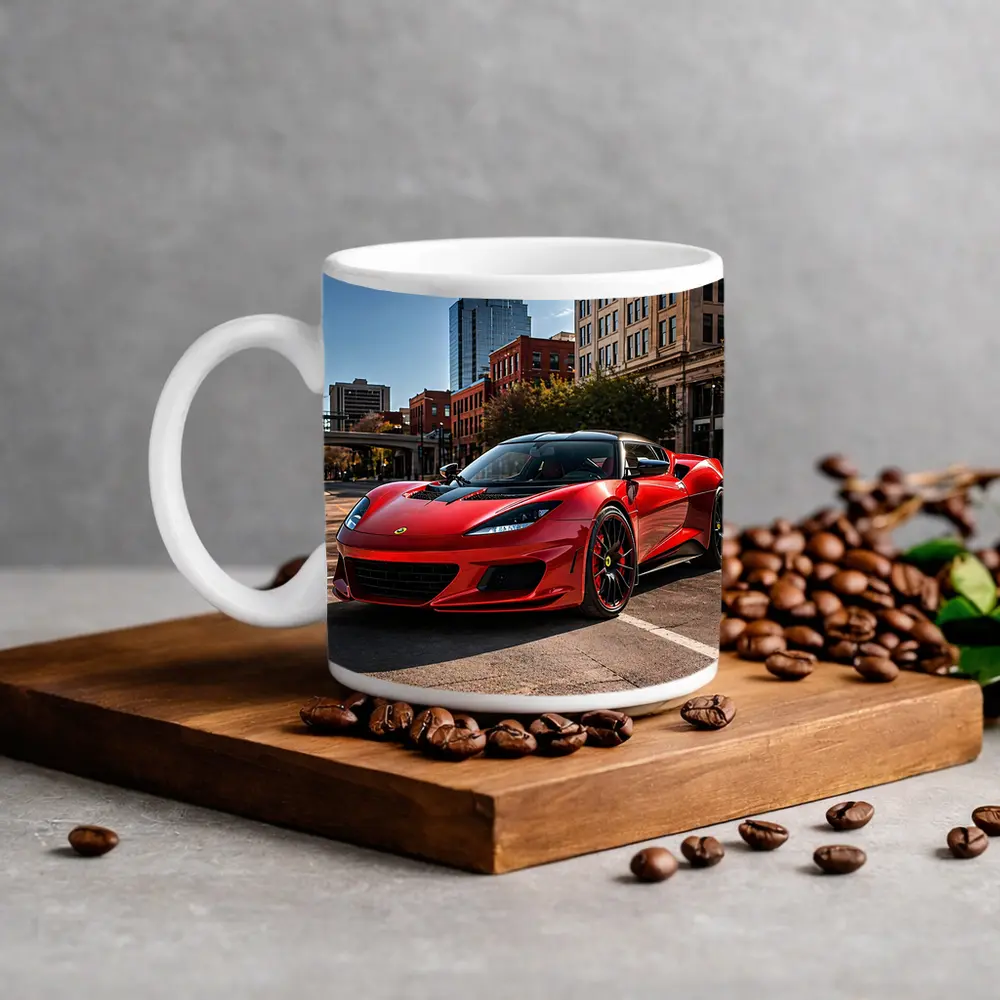 Red Lotus Evora Parked Downtown City Street – Mugs