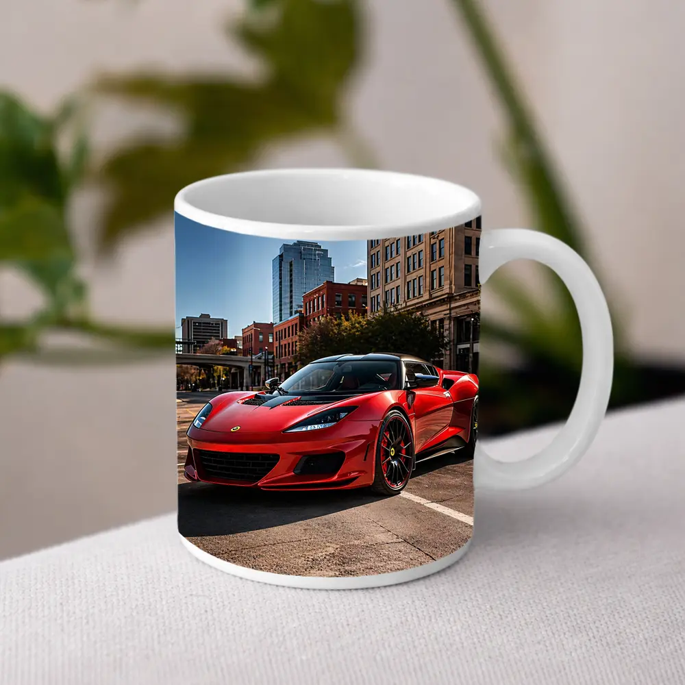Red Lotus Evora Parked Downtown City Street – Mugs