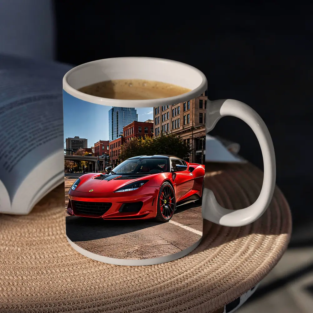 Red Lotus Evora Parked Downtown City Street – Mugs