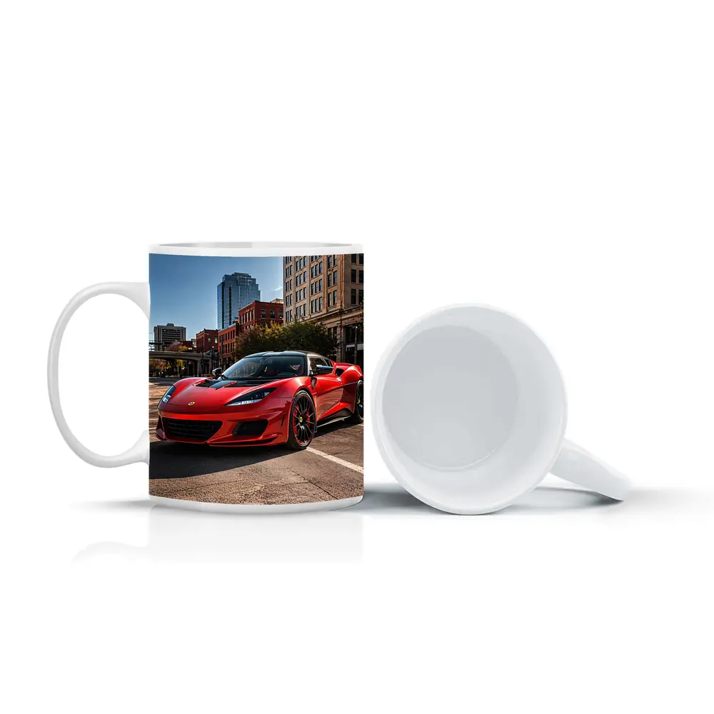 Red Lotus Evora Parked Downtown City Street – Mugs