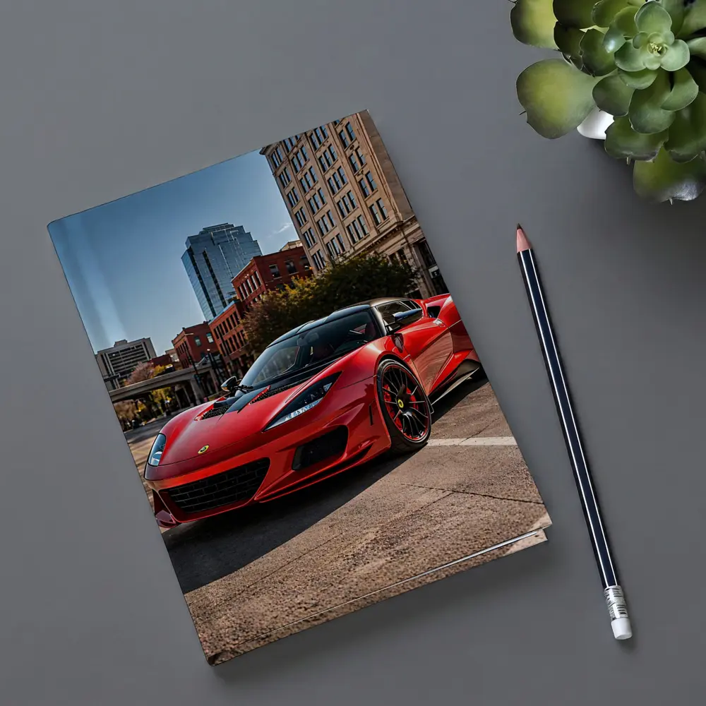 Red Lotus Evora Parked Downtown City Street – Notebooks