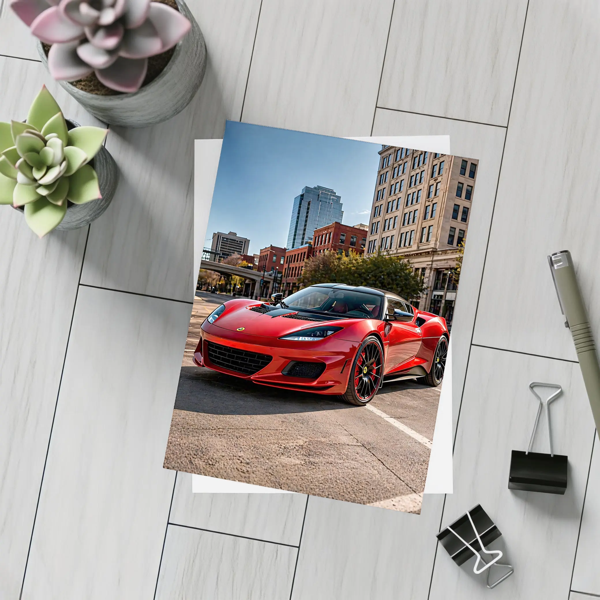 Red Lotus Evora Parked Downtown City Street – Postcards