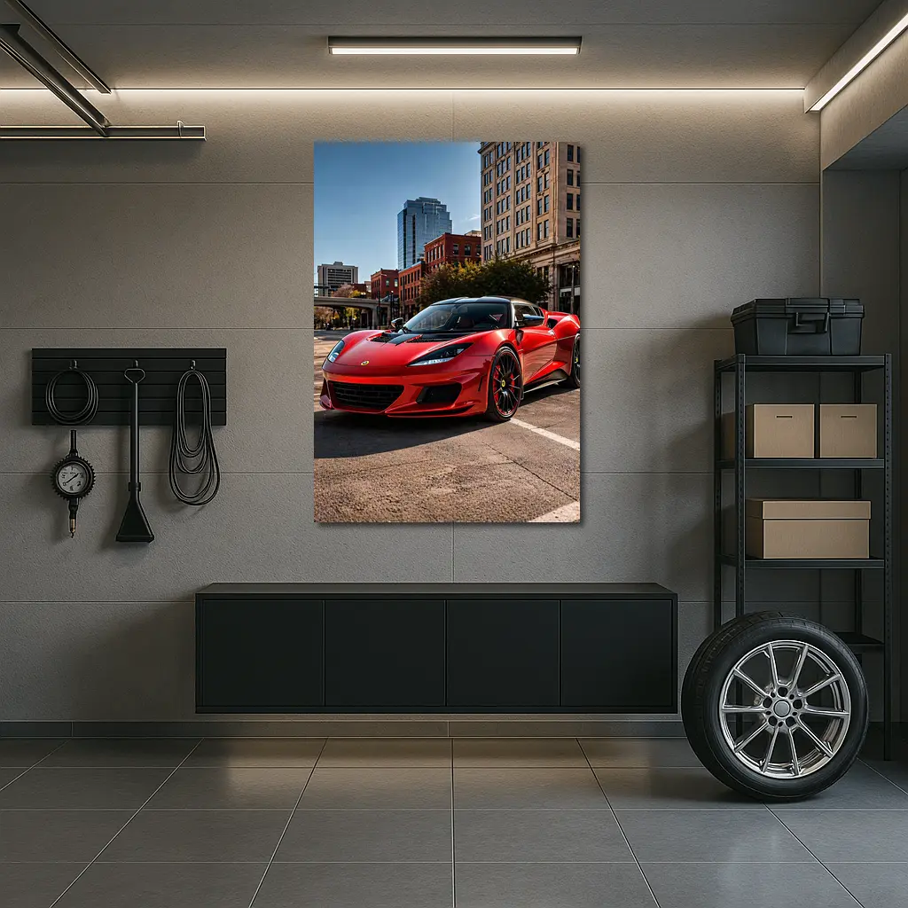 Red Lotus Evora Parked Downtown City Street – Wall Art