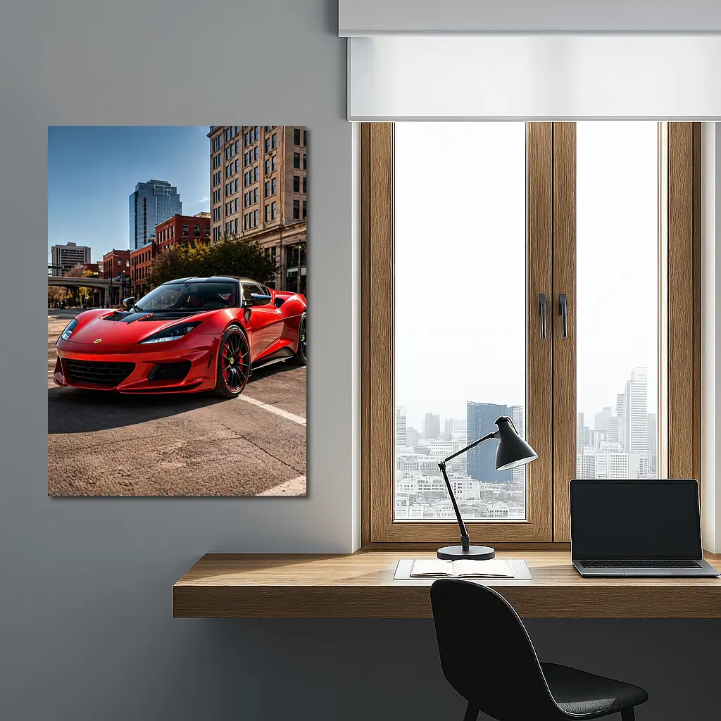 Red Lotus Evora Parked Downtown City Street – Wall Art