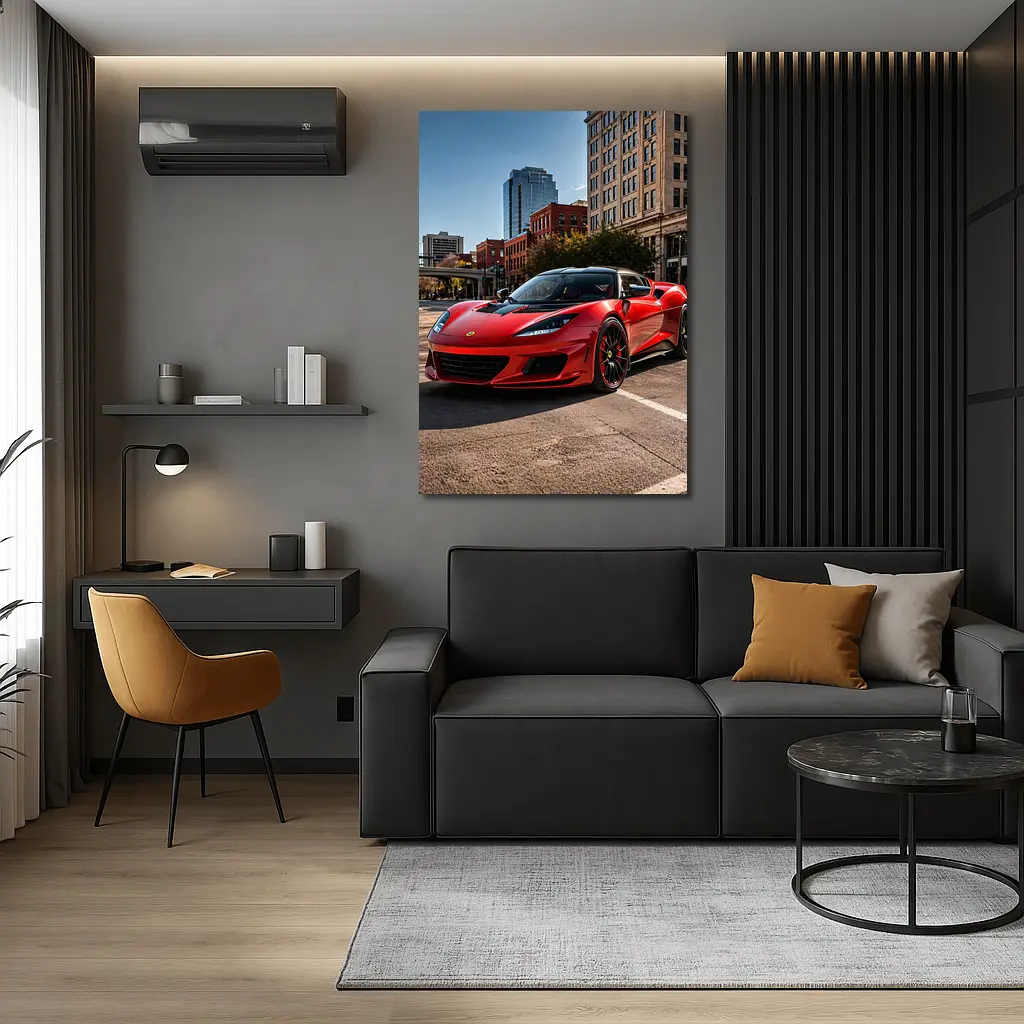 Red Lotus Evora Parked Downtown City Street – Wall Art