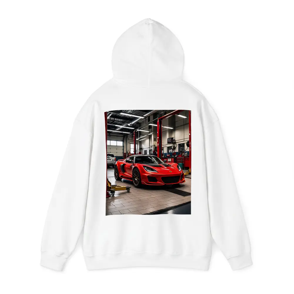 Red Lotus Evora Parked Inside Auto Garage – Hoodies