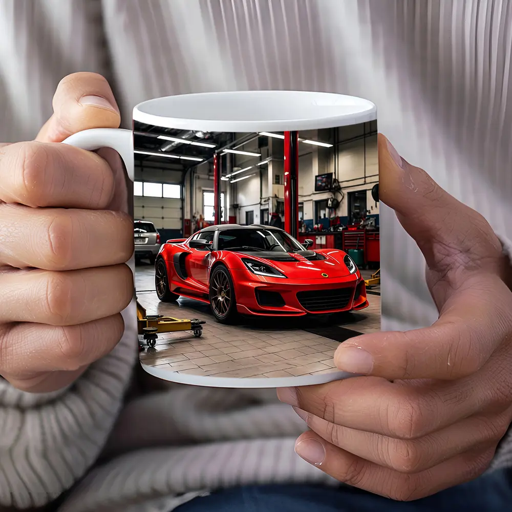 Red Lotus Evora Parked Inside Auto Garage – Mugs
