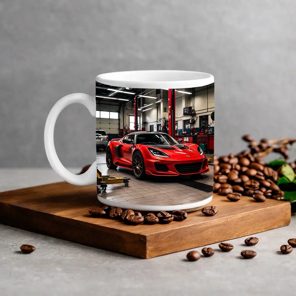 Red Lotus Evora Parked Inside Auto Garage – Mugs