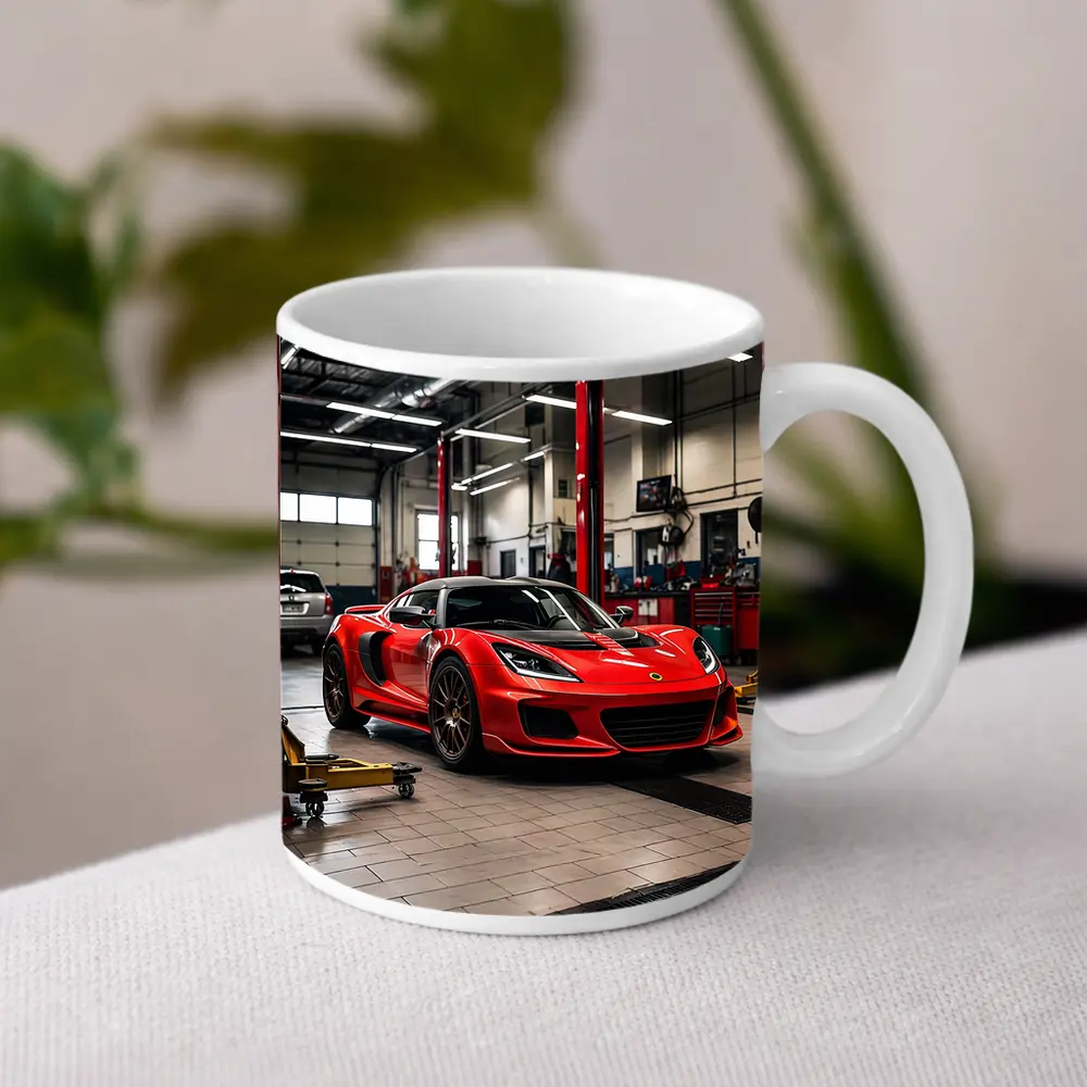 Red Lotus Evora Parked Inside Auto Garage – Mugs