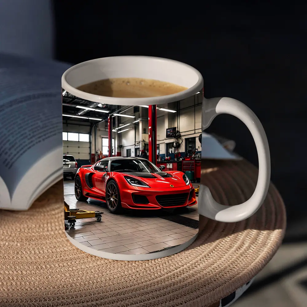 Red Lotus Evora Parked Inside Auto Garage – Mugs