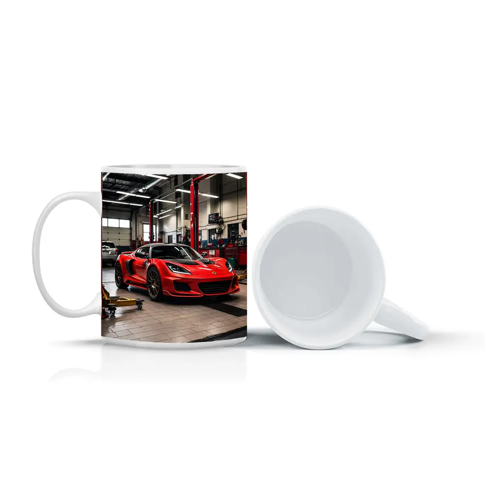 Red Lotus Evora Parked Inside Auto Garage – Mugs