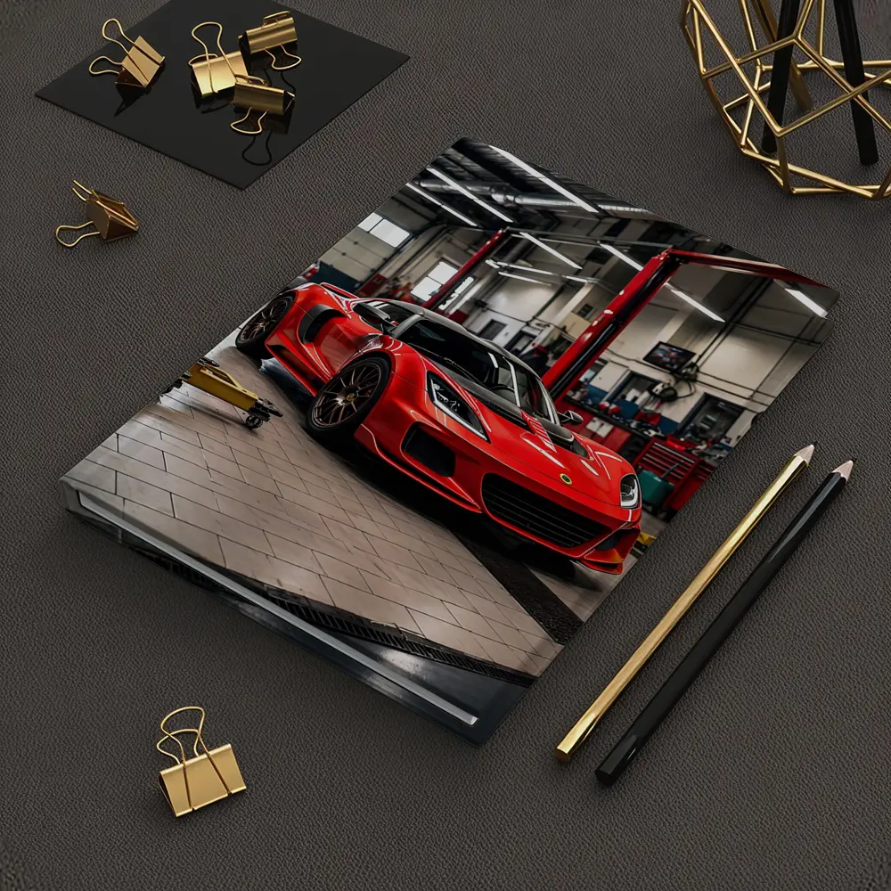 Red Lotus Evora Parked Inside Auto Garage – Notebooks