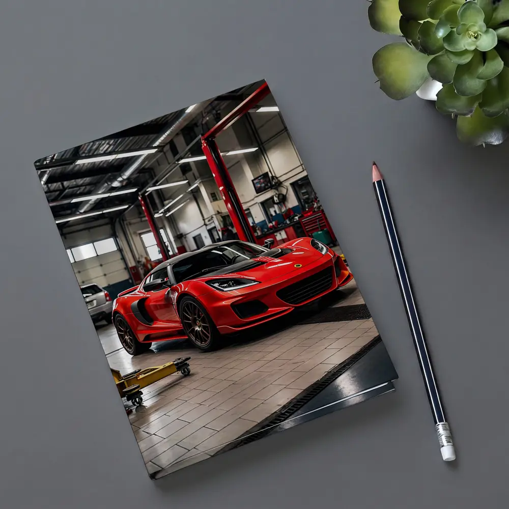 Red Lotus Evora Parked Inside Auto Garage – Notebooks