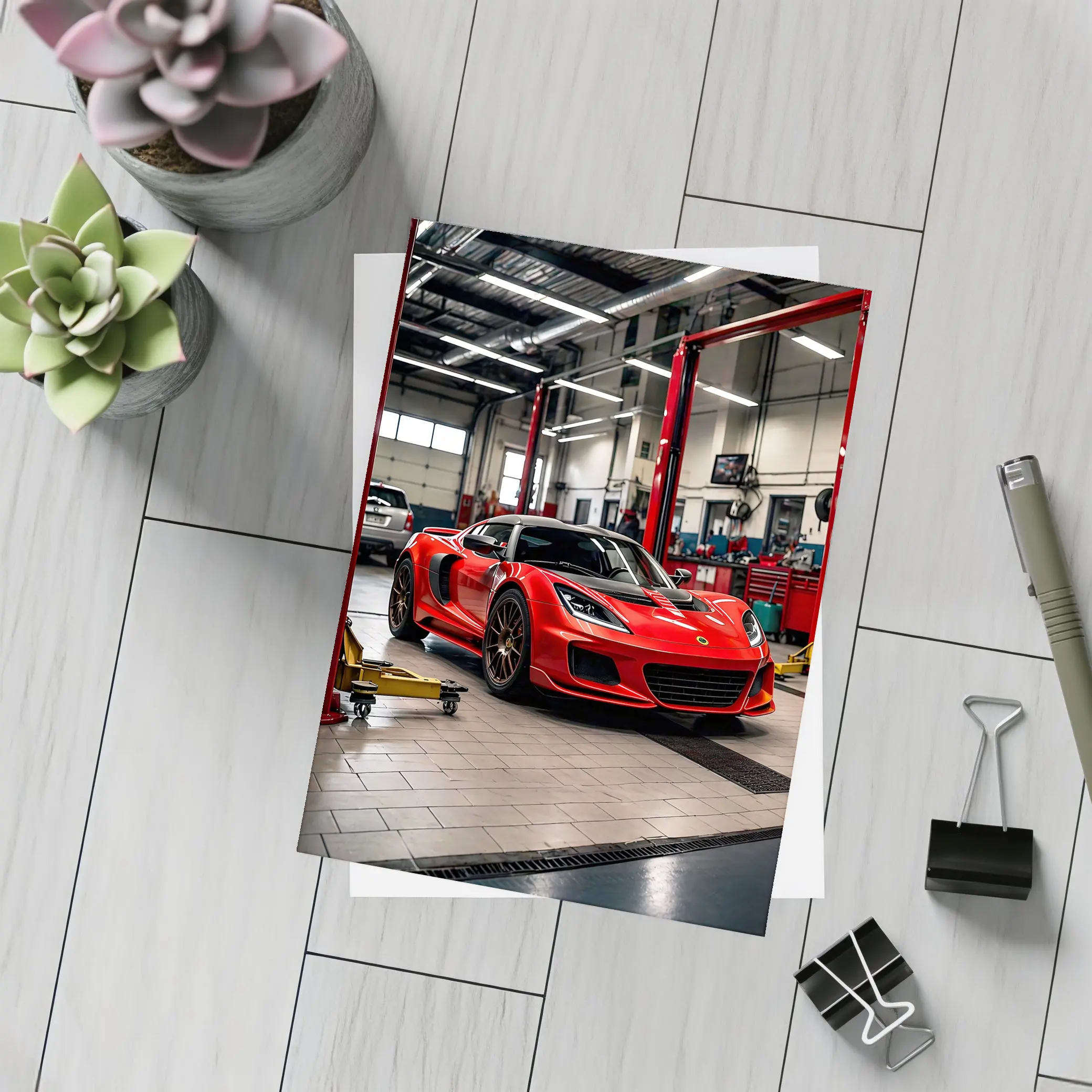 Red Lotus Evora Parked Inside Auto Garage – Postcards