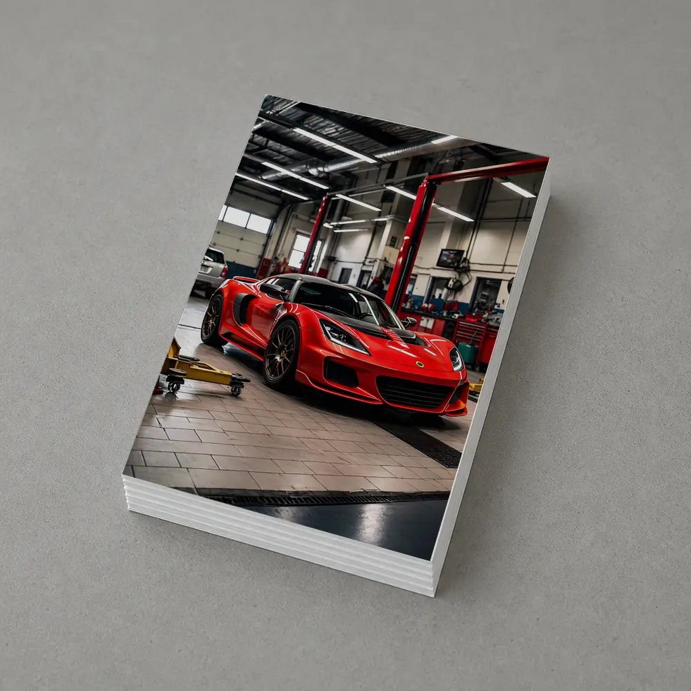 Red Lotus Evora Parked Inside Auto Garage – Postcards