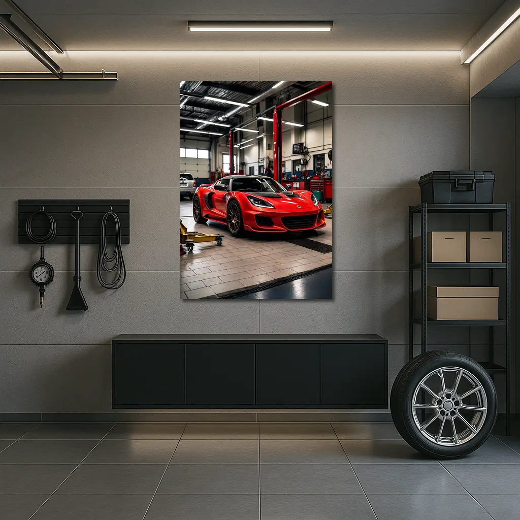 Red Lotus Evora Parked Inside Auto Garage – Wall Art