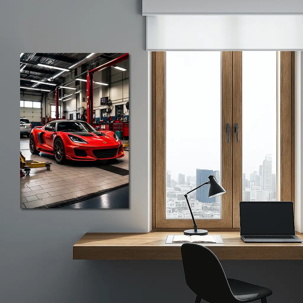Red Lotus Evora Parked Inside Auto Garage – Wall Art