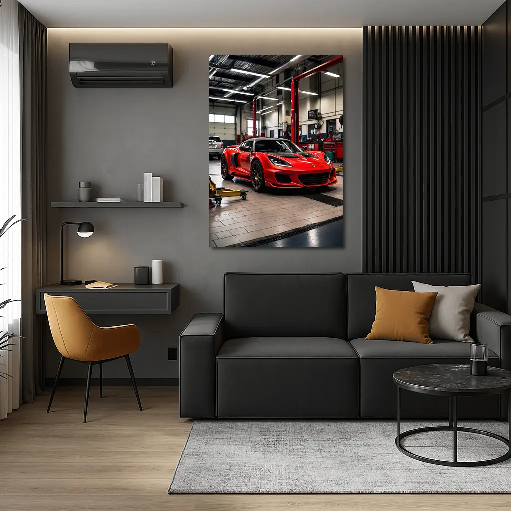 Red Lotus Evora Parked Inside Auto Garage – Wall Art