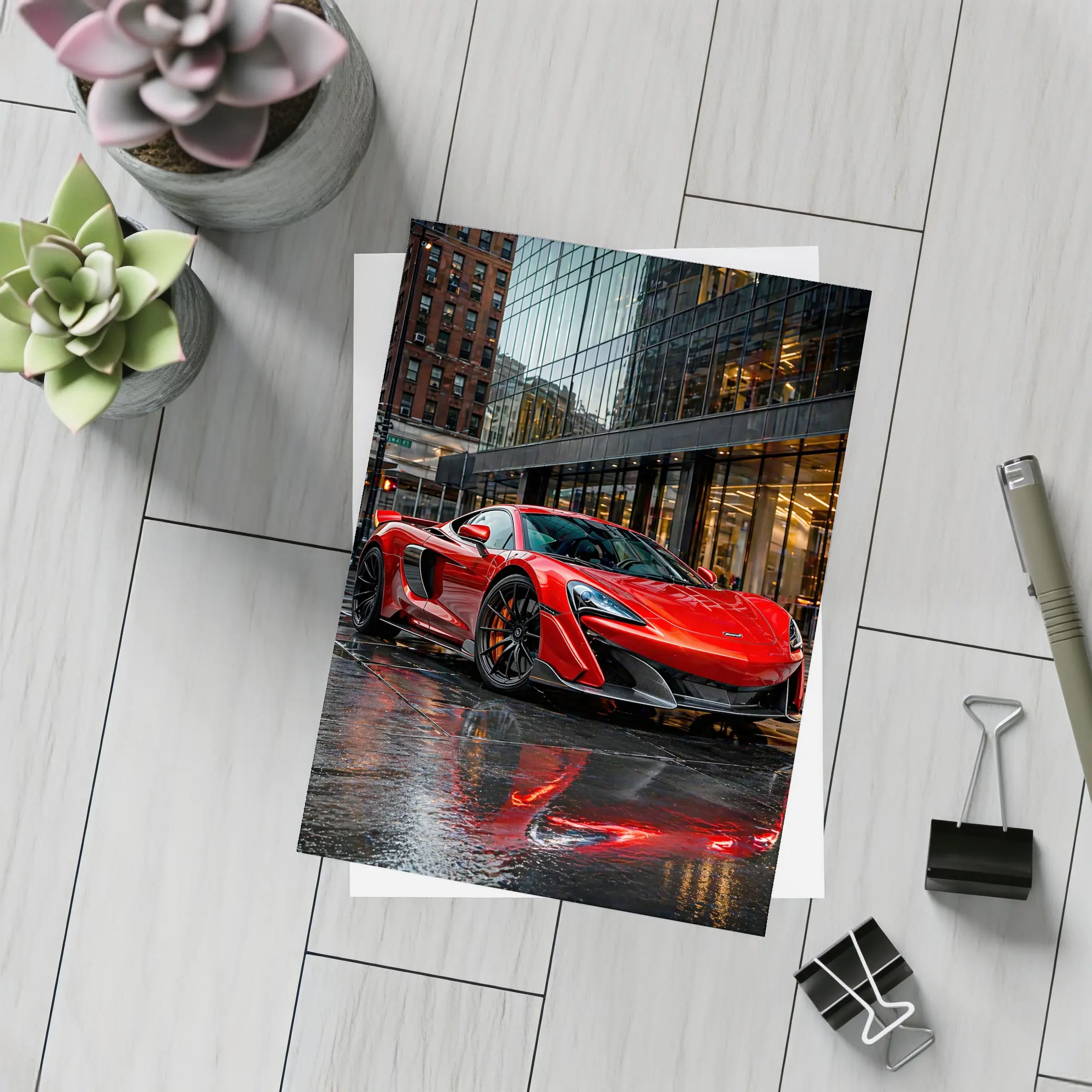 Red McLaren 600LT Wet City Streets – Postcards